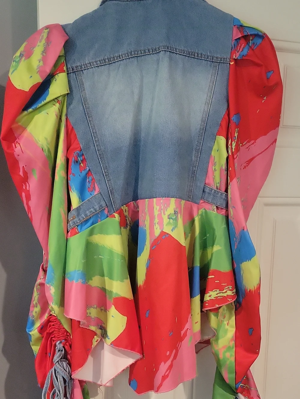 Denim Jacket with Bright Multicolor Splash Sleeves